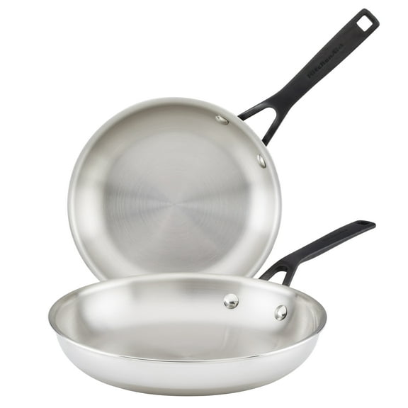 KitchenAid 5-Ply Clad 2 Pcs Stainless Steel Induction Frying Pan Set, Dishwasher Safe, Metal Utensil, Broiler and Oven Safe to 500°F, 8.25 and 10 Inch, Polished Stainless Steel