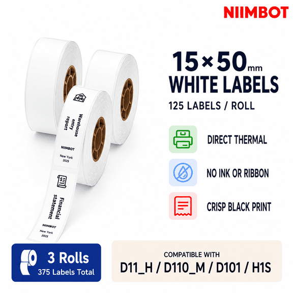 NIIMBOT D11/D110/D110M White Direct Thermal Labels, 15 x 50 mm, 3 Rolls, 375 Self-Adhesive Labels for File Folders, Storage Bins and Organization