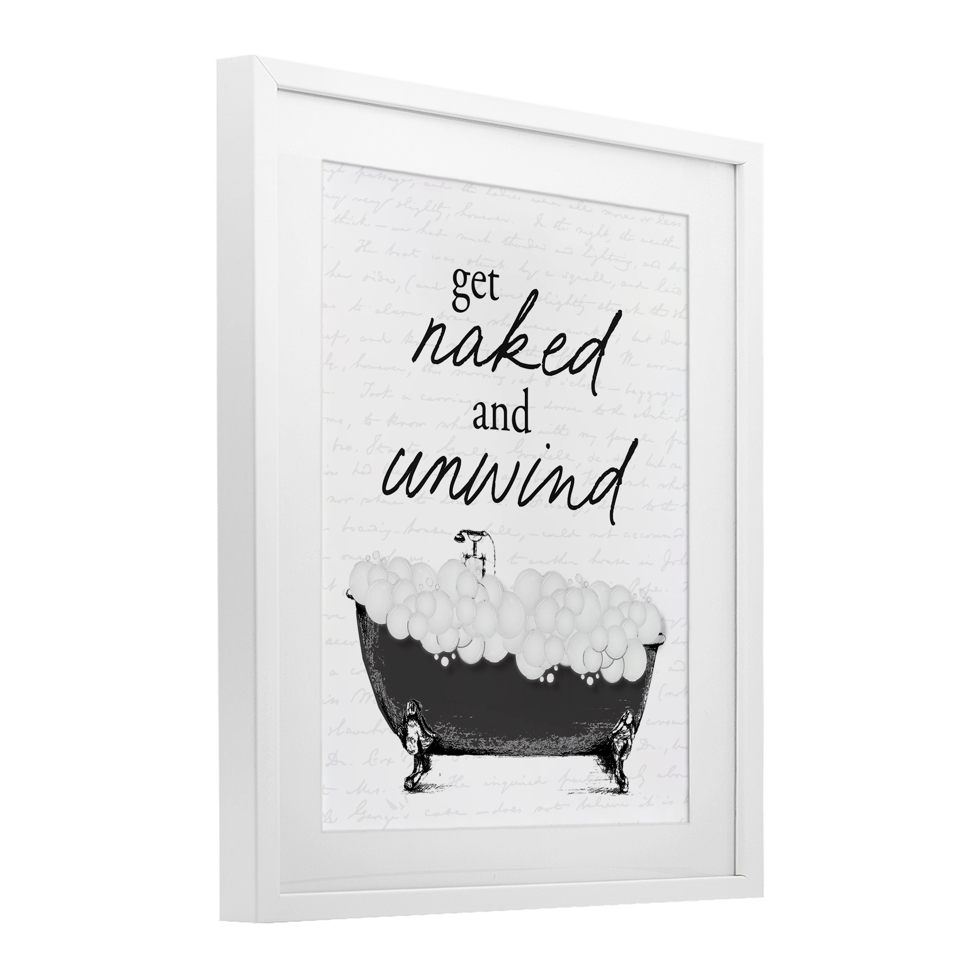 Unwind Bubble Bath White Framed Print Under Glass, design by Lettered and Lined