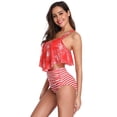 thumbnail image 3 of Women Swimwear, Two Piece Bathing Suits Ruffled Flounce Top with High Waisted Bottom Bikini Set (Red Stripes, S Size), 3 of 8