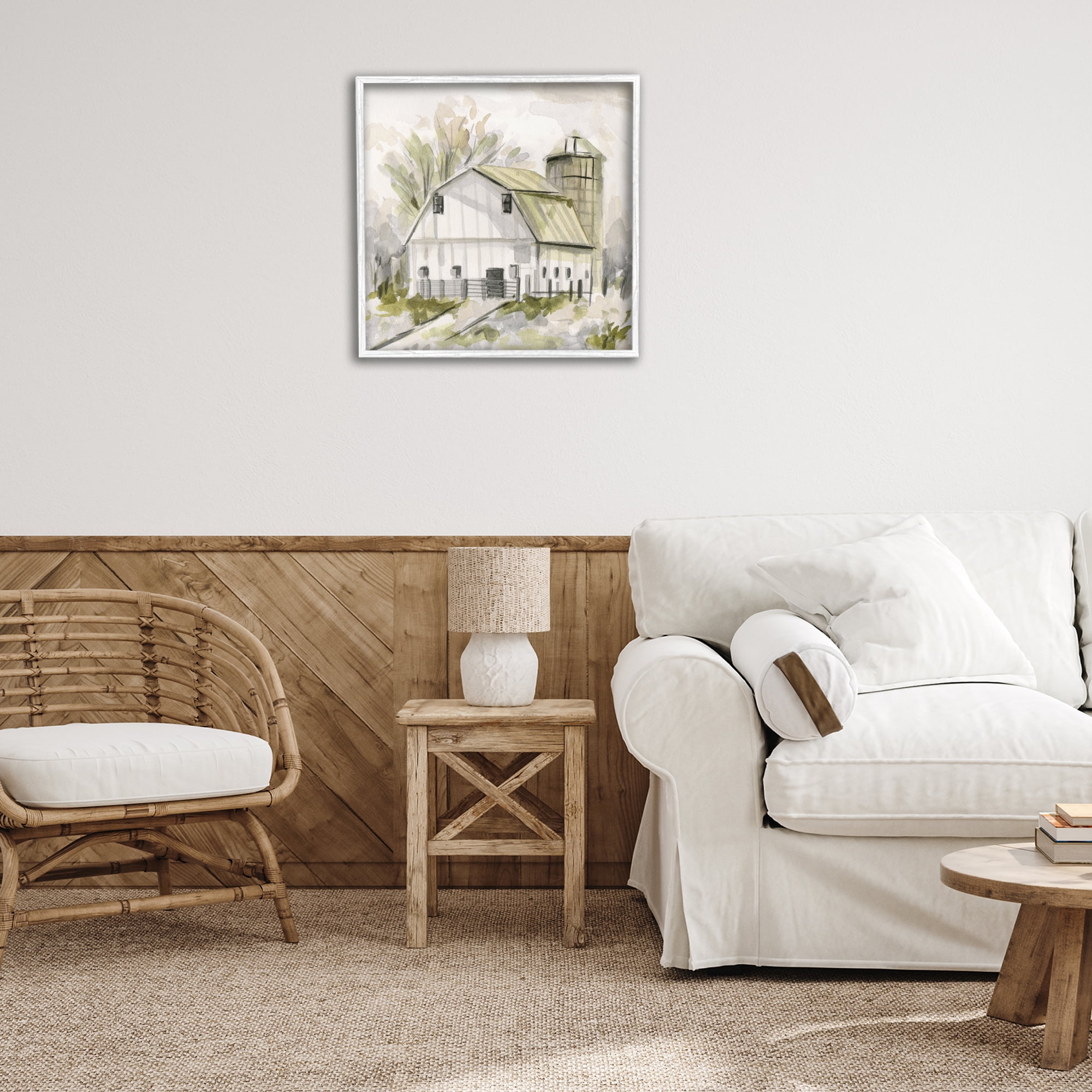 Stupell Industries Neutral Farmhouse Barn Scenery Painting White Framed Art Print Wall Art, 24 x 24