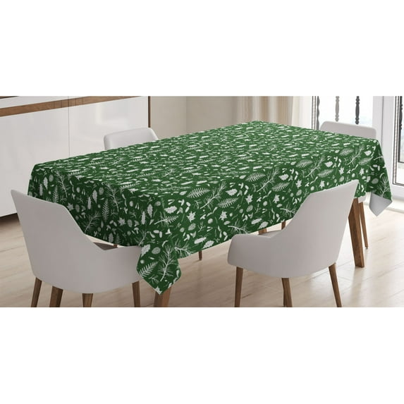 Woodsy Tablecloth, Forest Objects Leaves Twigs Pine Cones Beatles Drawn by Hand, Rectangle Satin Table Cover Accent for Dining Room and Kitchen, 60" X 84", Dark Forest Green White, by Ambesonne