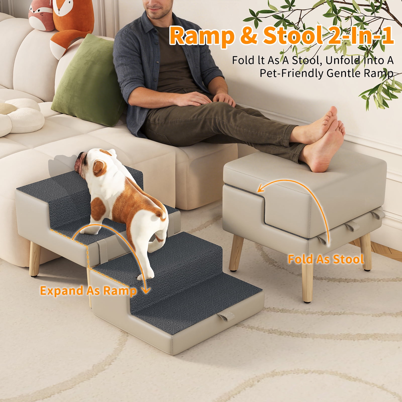 4-Step Ottoman Dog Stairs, 2-in-1 Foldable Pet Ramp for Bed, Dog Ramp for Small Puppy and Cats, Sturdy Wood Frame Support with Non-slip walking surface, Holds Up To 220lbs ( Light Grey Color )