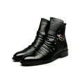 thumbnail image 3 of UKAP Men Leather Boots Pull-on Motorcycle Boot Buckle Strap Ankle Booties Business Shoes Comfortable Black (Inner Height Increase) 8, 3 of 6