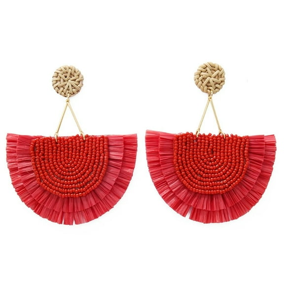 Bocar Bohemia Beaded Fringe Statement Earrings with Long Dangling Tassel Raffia Earrings for Women(ER1183-Big Red)