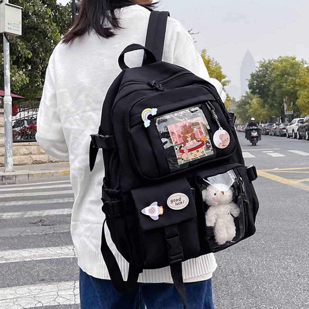 Cute Bear Accessories Backpack for Teen Girls Large Capacity School Bag with Multi Pockets Waterproof Durable Nylon Perfect for College High