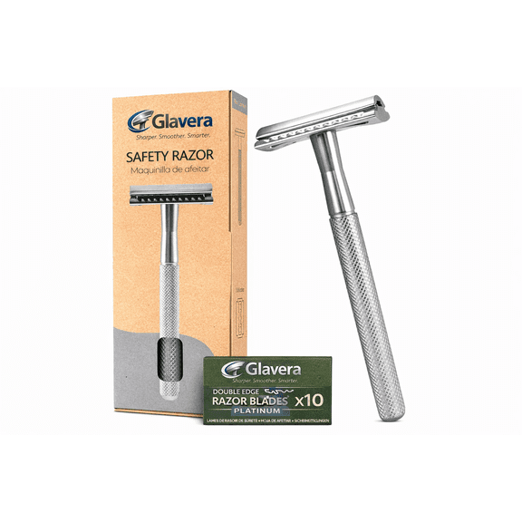 Glavera Double Edge Safety Razor for Men & Women, Metal Handle with 10 Double Edge Razor Blades, Reusable Manual Shaving Razor – Silver