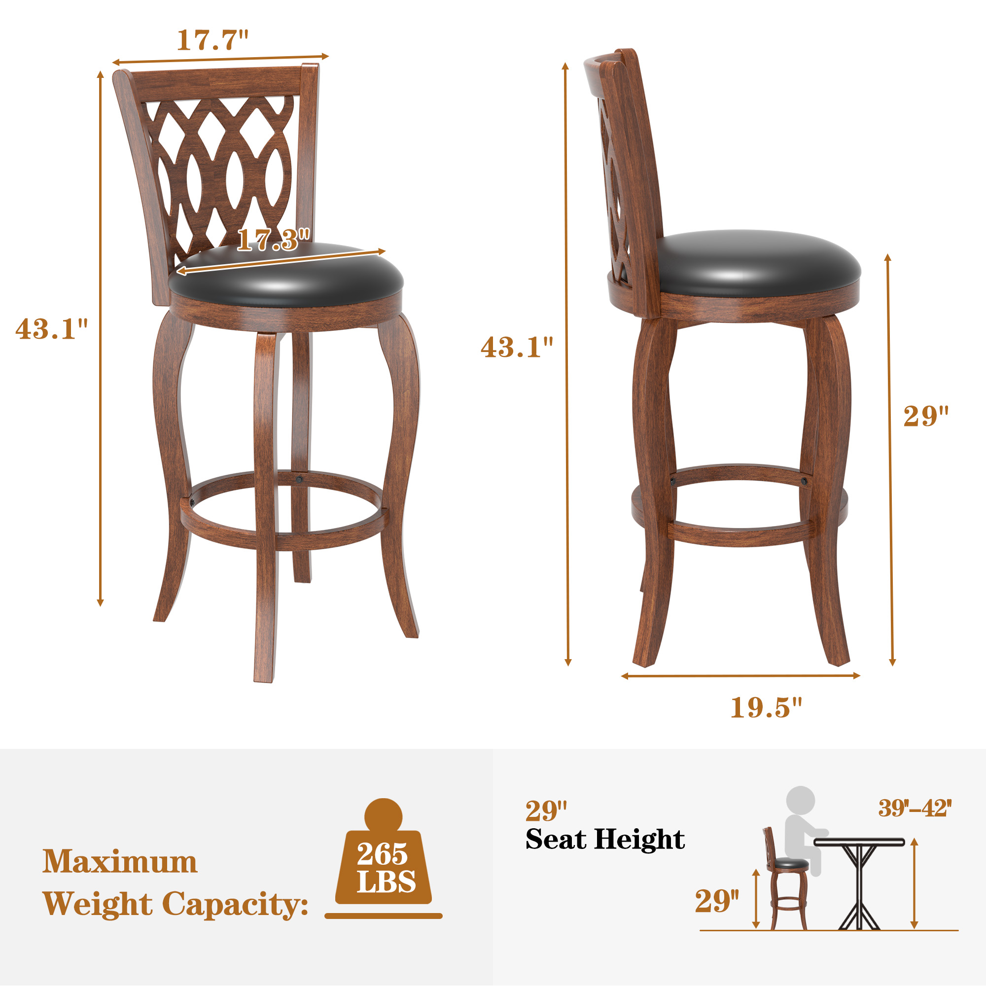 Joywind 29" Bar Height Swivel Bar Stools with High Back, Upholstered Seat & Solid Wood Footrest, Brown, Set of 2