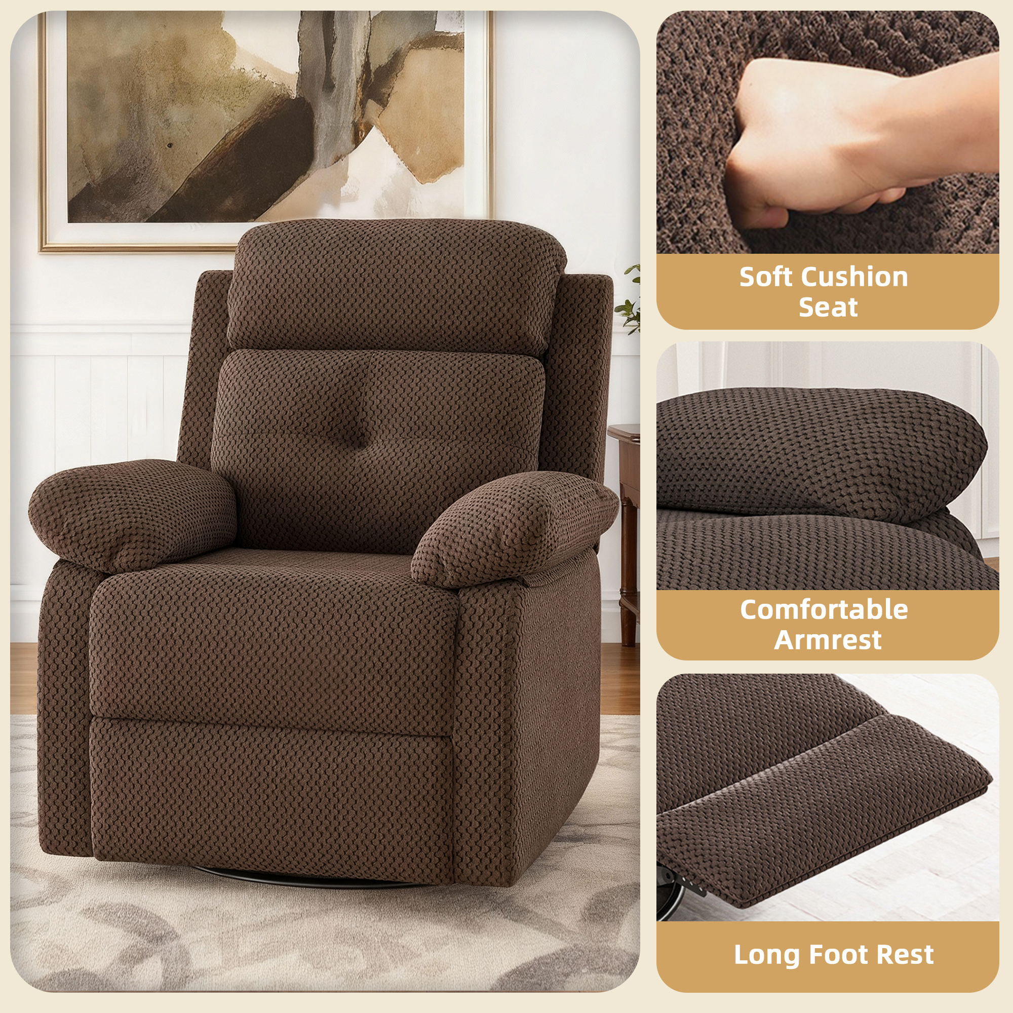MAYEERTY Chocolate Small Swivel Rocker Recliner for Women, Space-Saving Design for Bedroom & Living Room