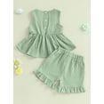 thumbnail image 5 of Loicainy Toddler Baby Girl Summer Clothes Set 6 12 18 24 Months 2T 3T 4T 5T Solid Color Bow Round Neck Tank Tops + Elastic Waist Ruffled Shorts 2 Pcs Outfits, 5 of 10