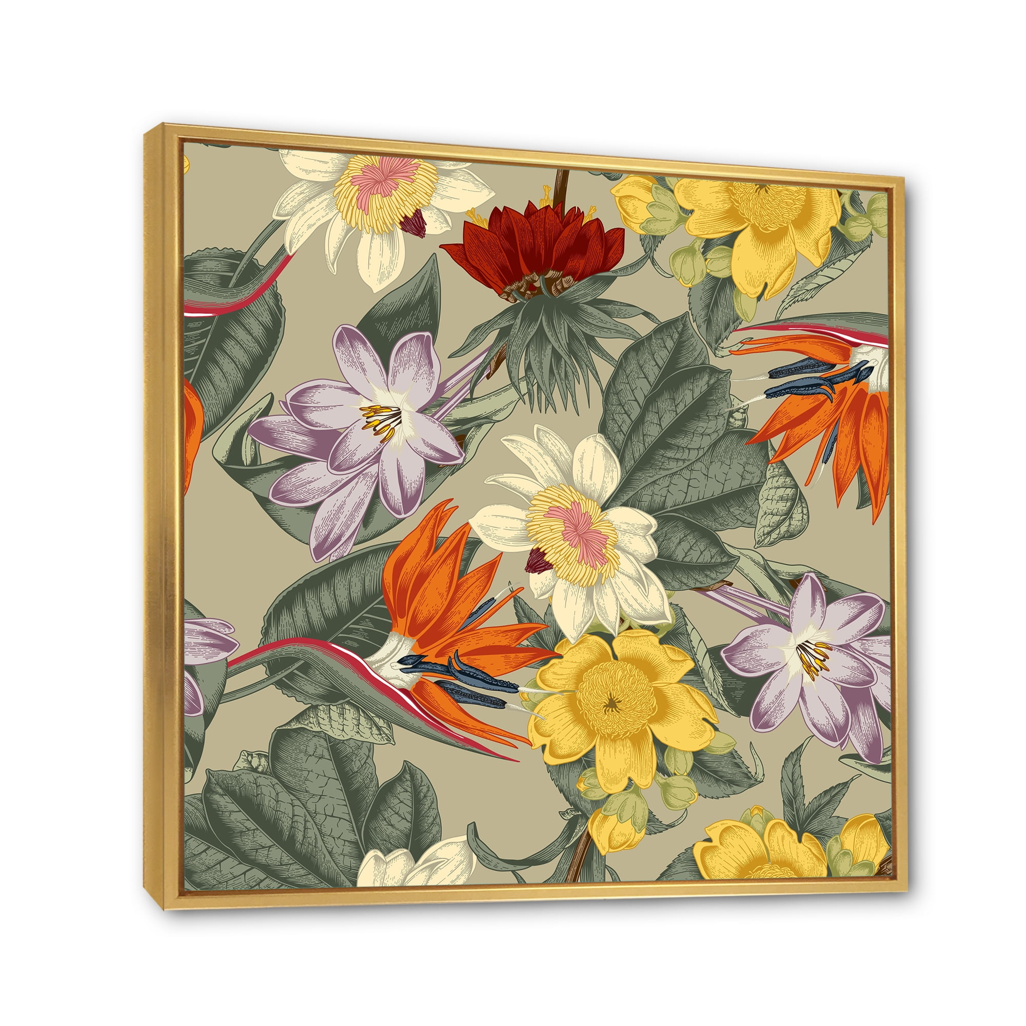Ancient Exotic Flowers In Orange and Yellow 30 in x 30 in Framed Painting Canvas Art Print, by Designart