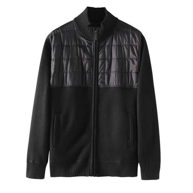 Lovzfmll Men's Color Block Knit Jacket Stand Collar Zip Up Sweater Style Black, M
