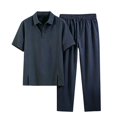 thumbnail image 4 of Cagogo Men's Plus Size 2 Piece Outfits Collared Short Sleeve Shirt Wide Leg Pants Casual Sets Solid Lounge Matching Suits Travel Vacation, Navy XL, 4 of 5