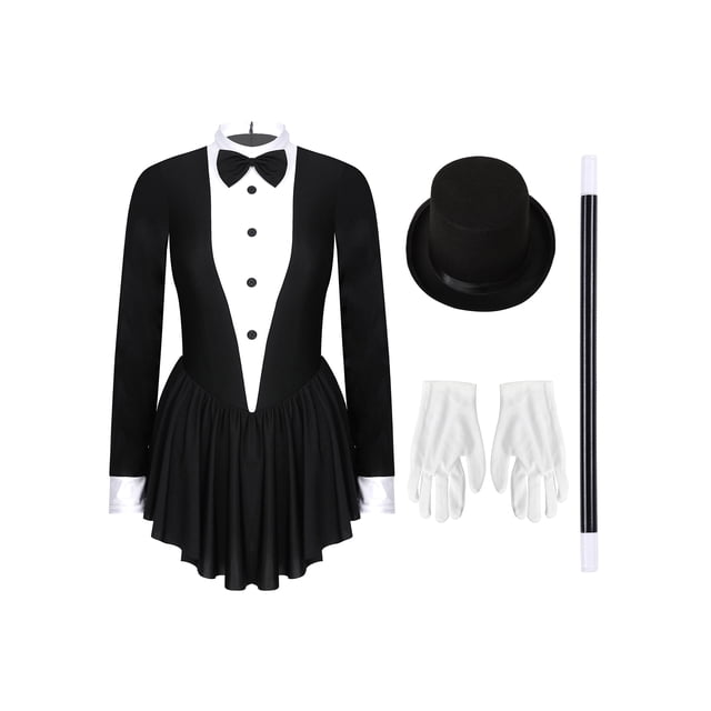 TTAO Robe Aguichant de Smoking pour Femmes Manches Longues Mini Robe Justaucorps de Magicien Danse Ballet Noir P