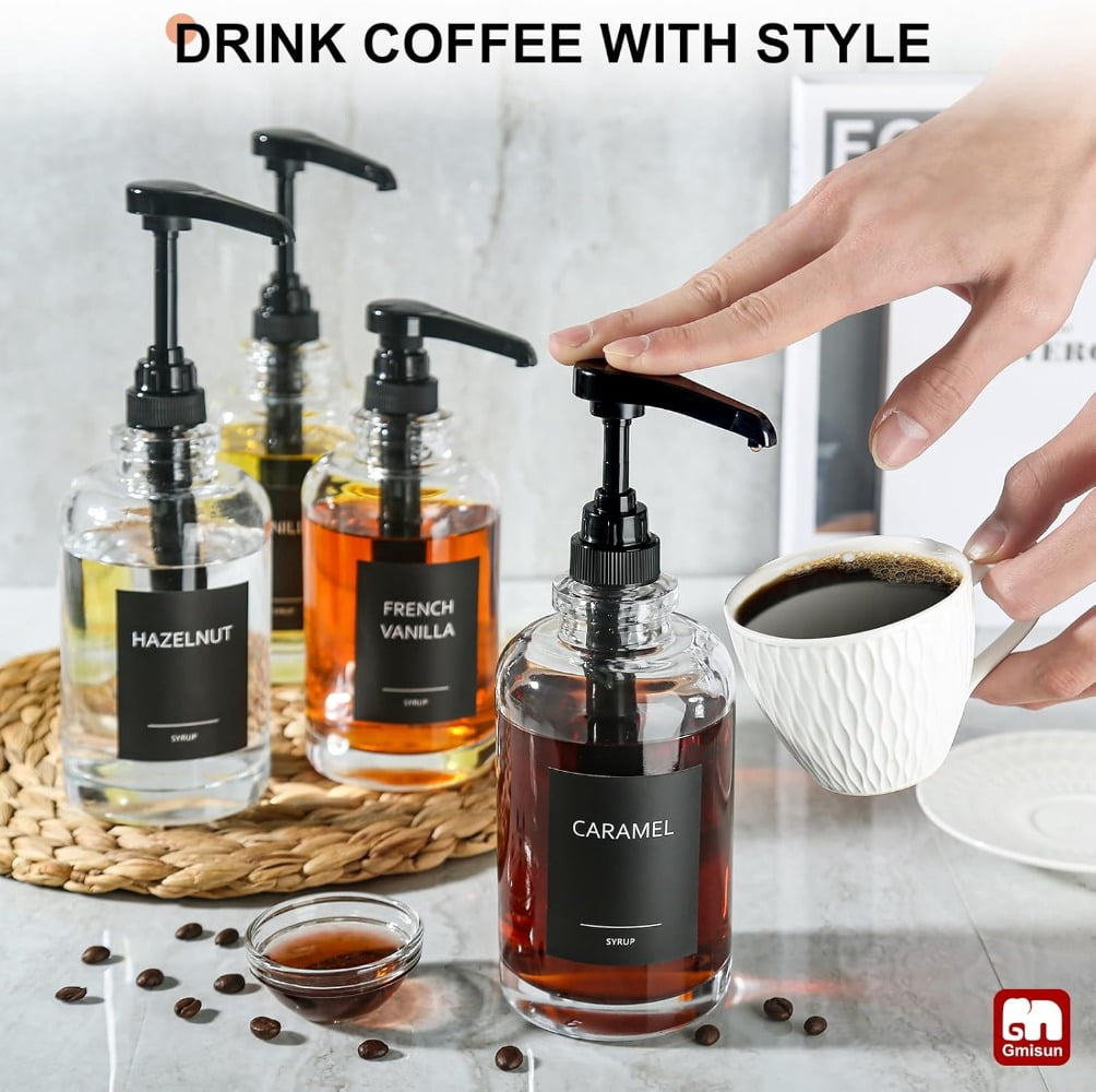 Senya Coffee Syrup Dispense, Glass Coffee Syrup Pump Dispenser with 1/4oz Large Capacity Pump
