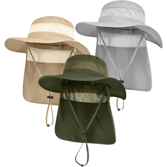 3 Pack Mens UPF 50 Wide Brim Sun Hat with Neck Flap for Fishing Hiking Garden