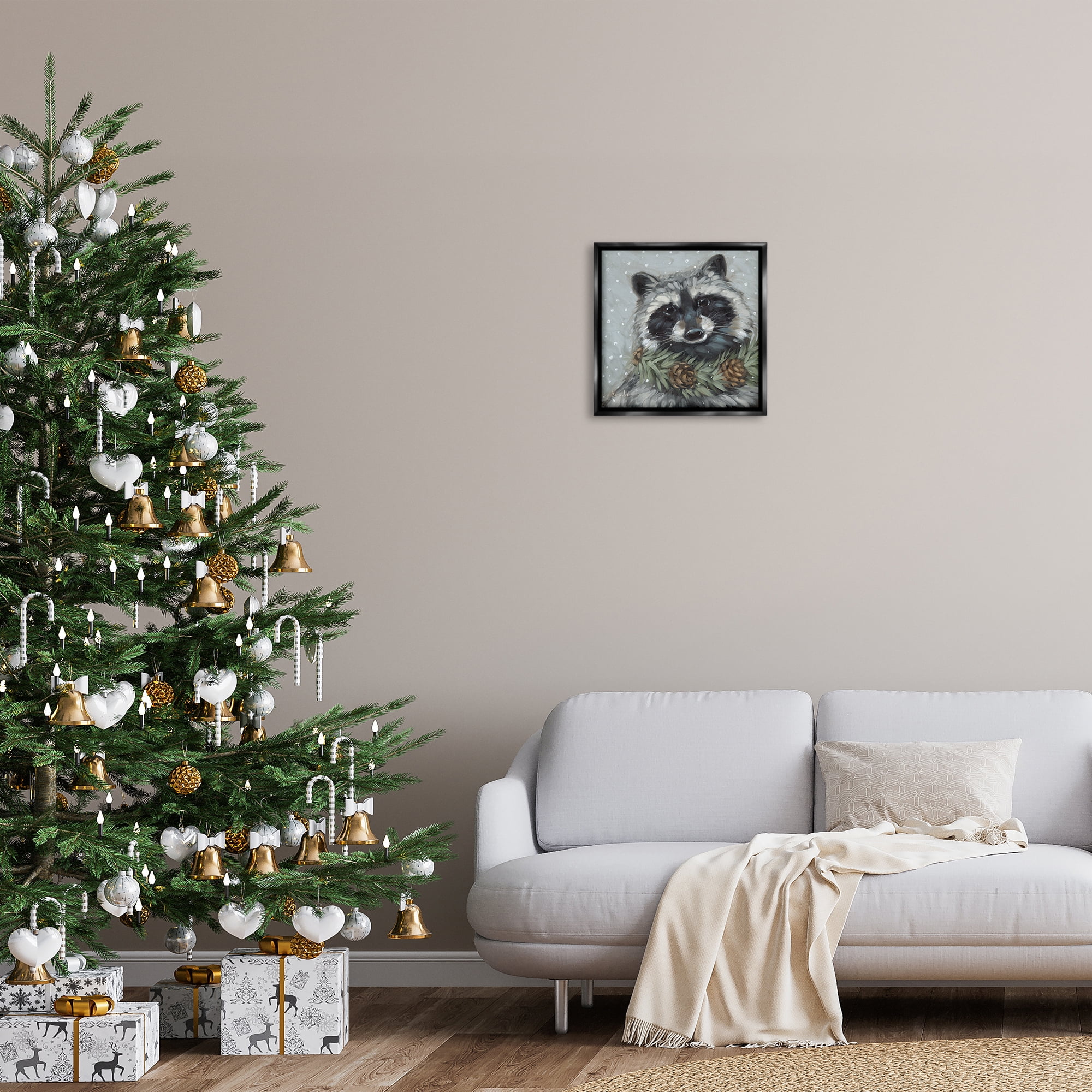 Stupell Industries Raccoon with Pinecones Holiday Painting Black Floater Framed Canvas Art Prints Wall Art, 18 x 18