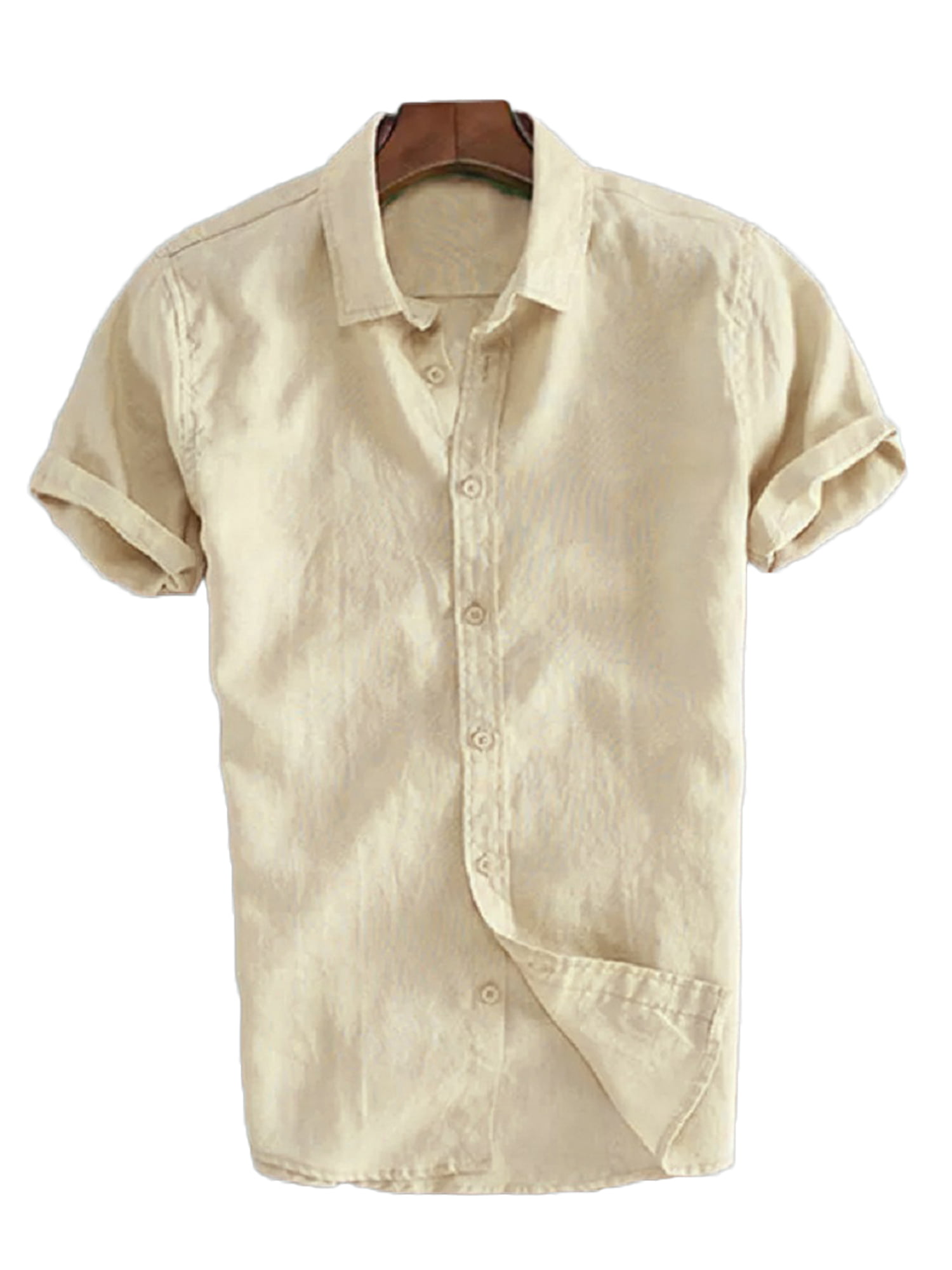 Dewadbow Mens Linen Short Sleeve Shirts Casual Loose Dress Soft Tops ...