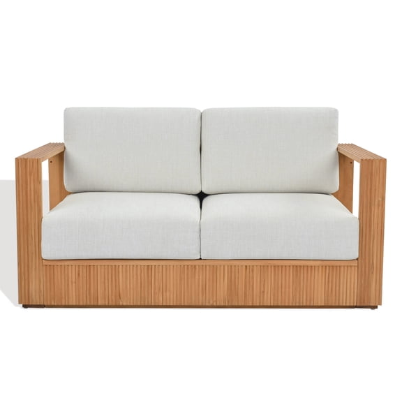 Safavieh Couture Saint Lucia Reeded Teak Wood Outdoor Sofa, Natural/White