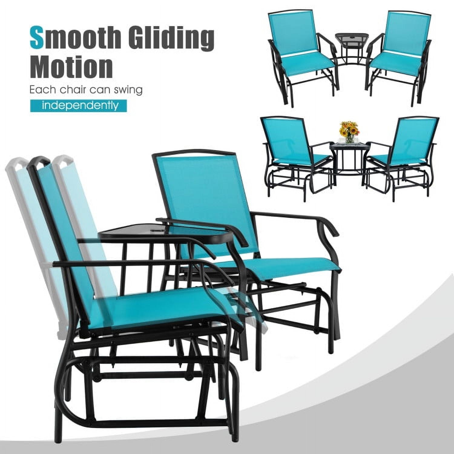 Aimee Lii Patio Conversation Sets, Double Swing Glider Rocker Chair Set with Glass Table, Turquoise