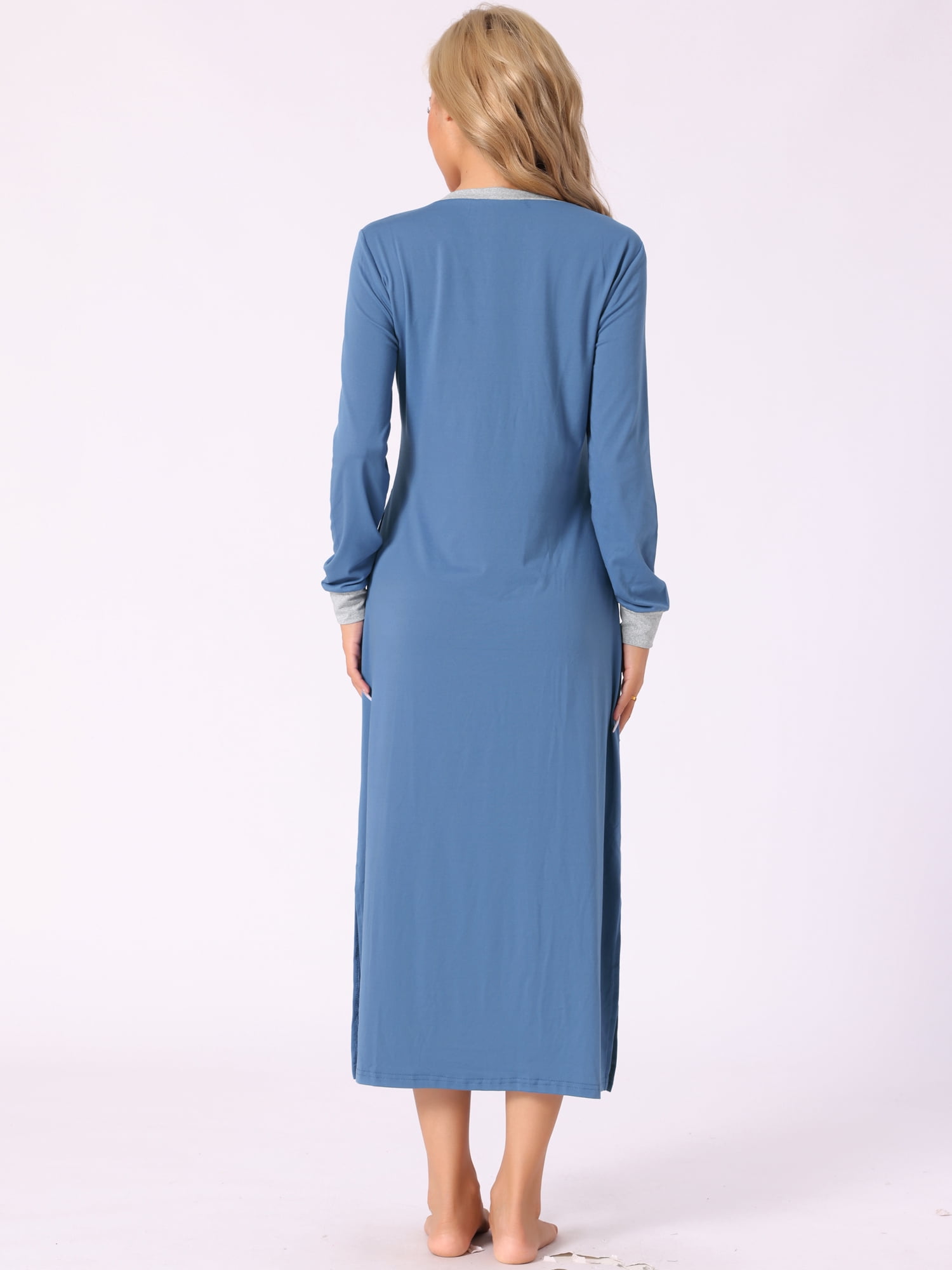 DARING DIVA Women's V Neck Cozy Long Sleeve Nightgown with Pockets XS Blue