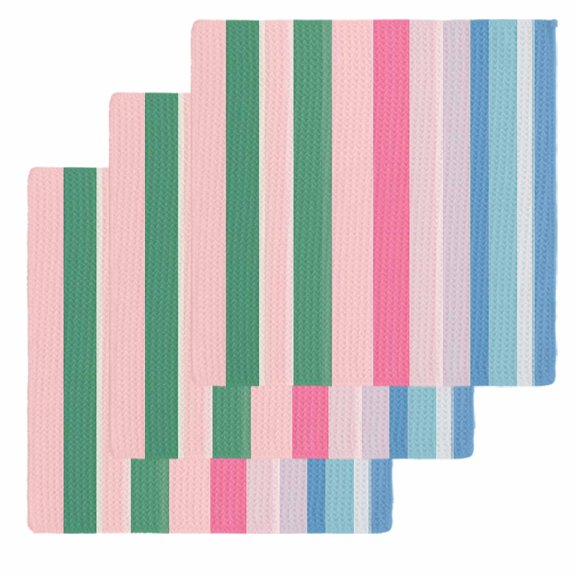 Pink Green Blue Stripe Dish Towels Set, Waffle Weave Kitchen Towels 3 Pieces, Farmhouse Stripes Contemporary Microfiber Hair Face Bath Tea Towel Absorbent Quick Drying Cleaning Dish Cloths, 12"x12"