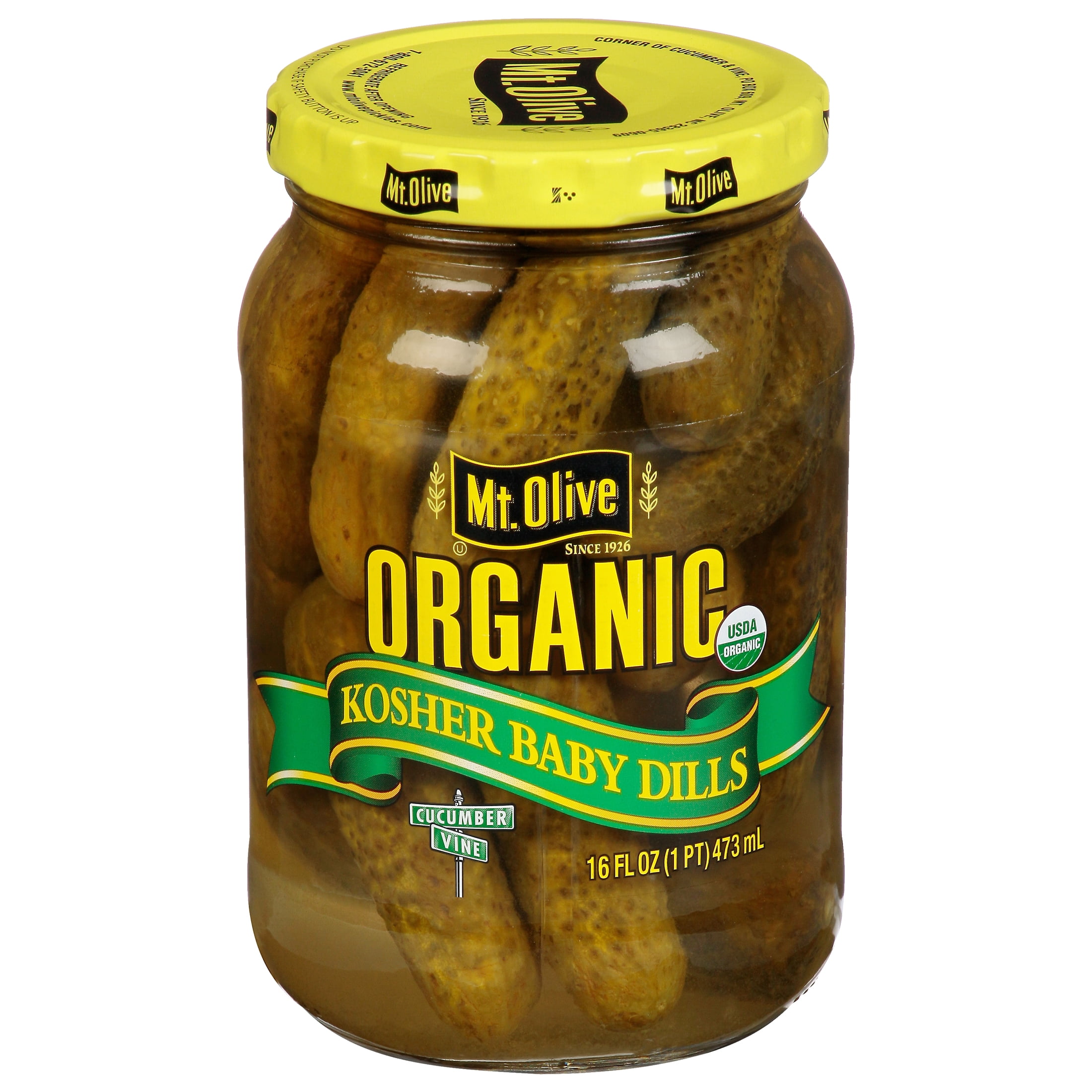 (3 pack) Mt. Olive Organic Kosher Whole Baby Dill Pickles, 16 fl oz Jar