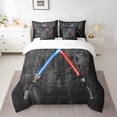 thumbnail image 5 of Lightsaber 7Pcs Comforter Set King Size 3D Neon Blue Red Bedding Set Geometric Sun Moon Round Fitted + Flat Sheet Teens Room Decor Fashion Vintage Stone Wall 2 Pillow Cover,Black, 5 of 5