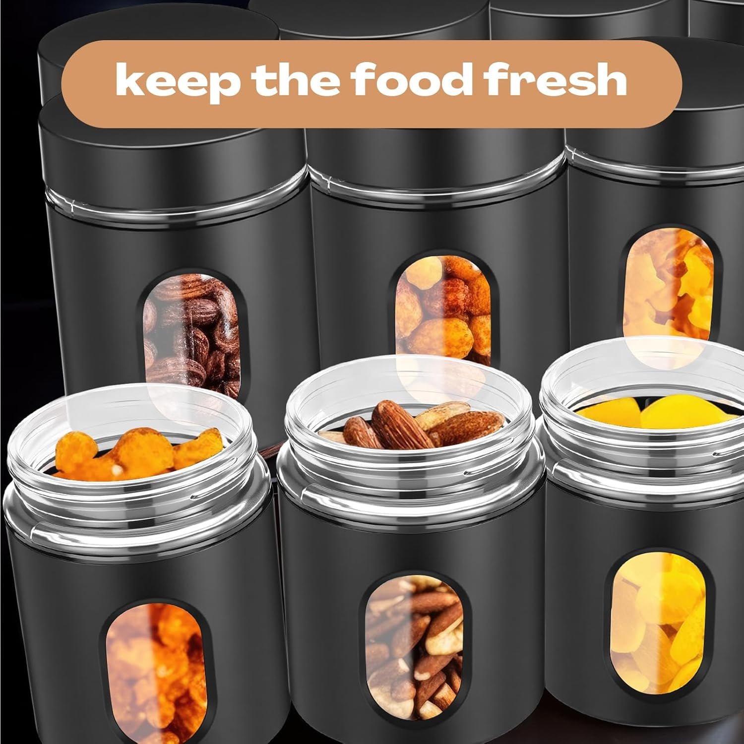6 Pack Kitchen Canisters Set 20 oz Airtight Stainless Steel Canister Food Storage Container with Window Glass, Coffee Sugar Candy Jars Tea Organizer for Flour Cookies Spice Kitchen (Black)