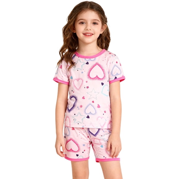 Girls Pajama Sets Valentines Pjs Short Sleeve Heart Crewneck Sleep Top Girl Pajamas Size 7-8 Years