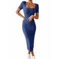 thumbnail image 3 of Women Square Neck Casual Dresses Summer Ribbed Short Sleeve Bodycon Maxi Dress Side Slit Knit Long Sundress Blue M, 3 of 5