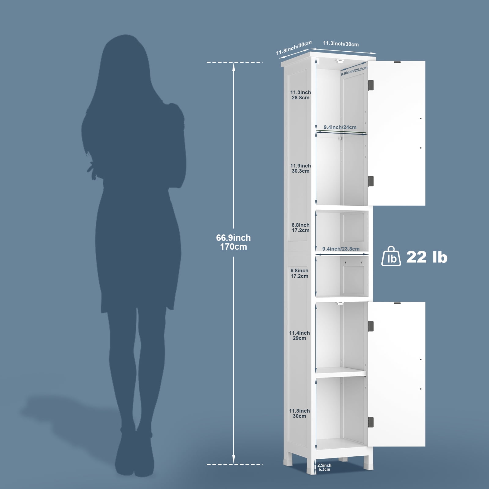 Selooye Tall Bathroom Storage Cabinet with Lights, Adjustable Shelves, White