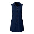 thumbnail image 4 of Women's Sleeveless Solid Color Cotton Linen Blend Shirt Dress Collared Button Down Casual Dress with Pockets Navy S(S), 4 of 7