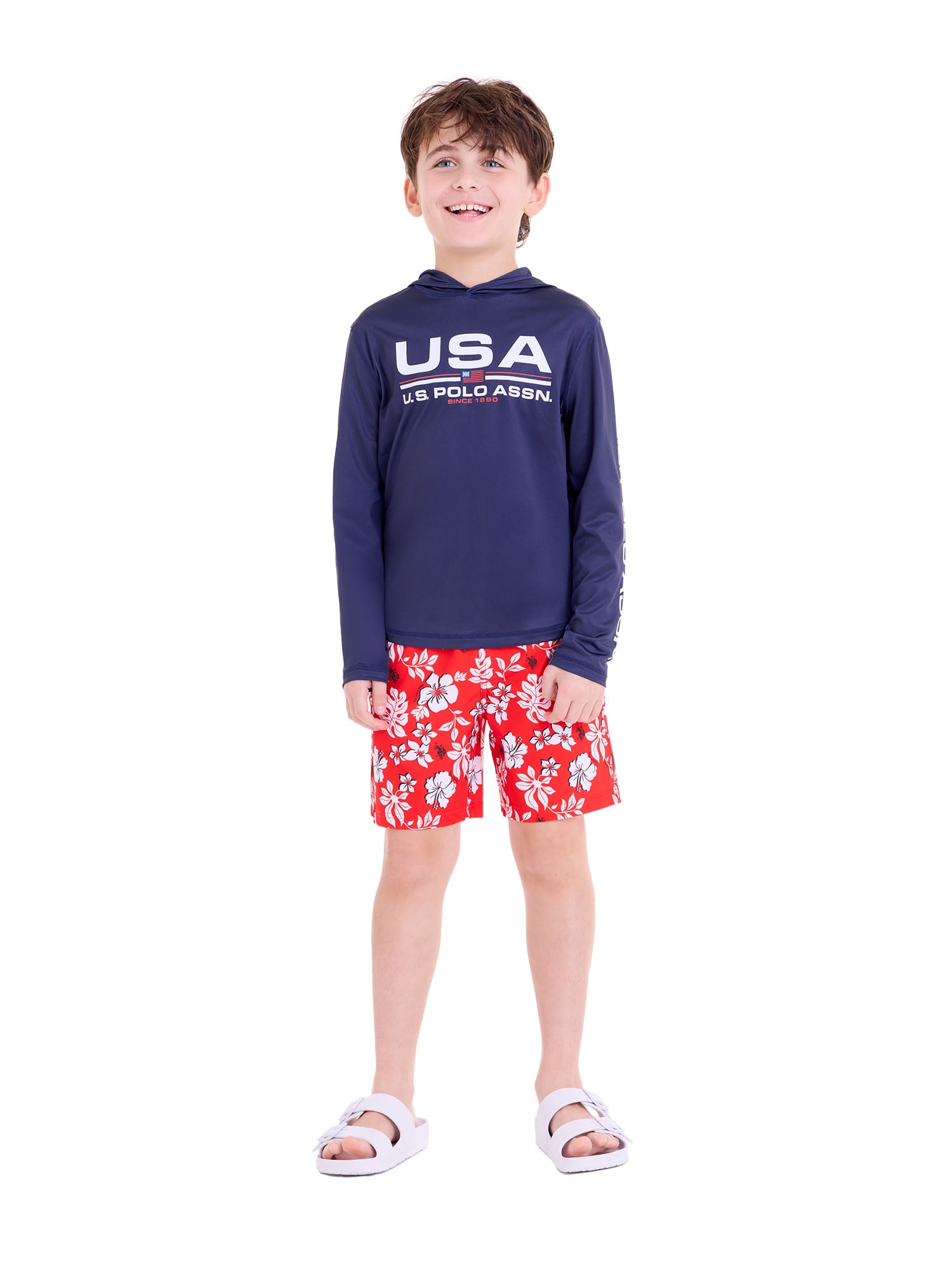 U.S. Polo Assn. Hibiscus Print Swim Short with Brief Liner, Sizes 4-18