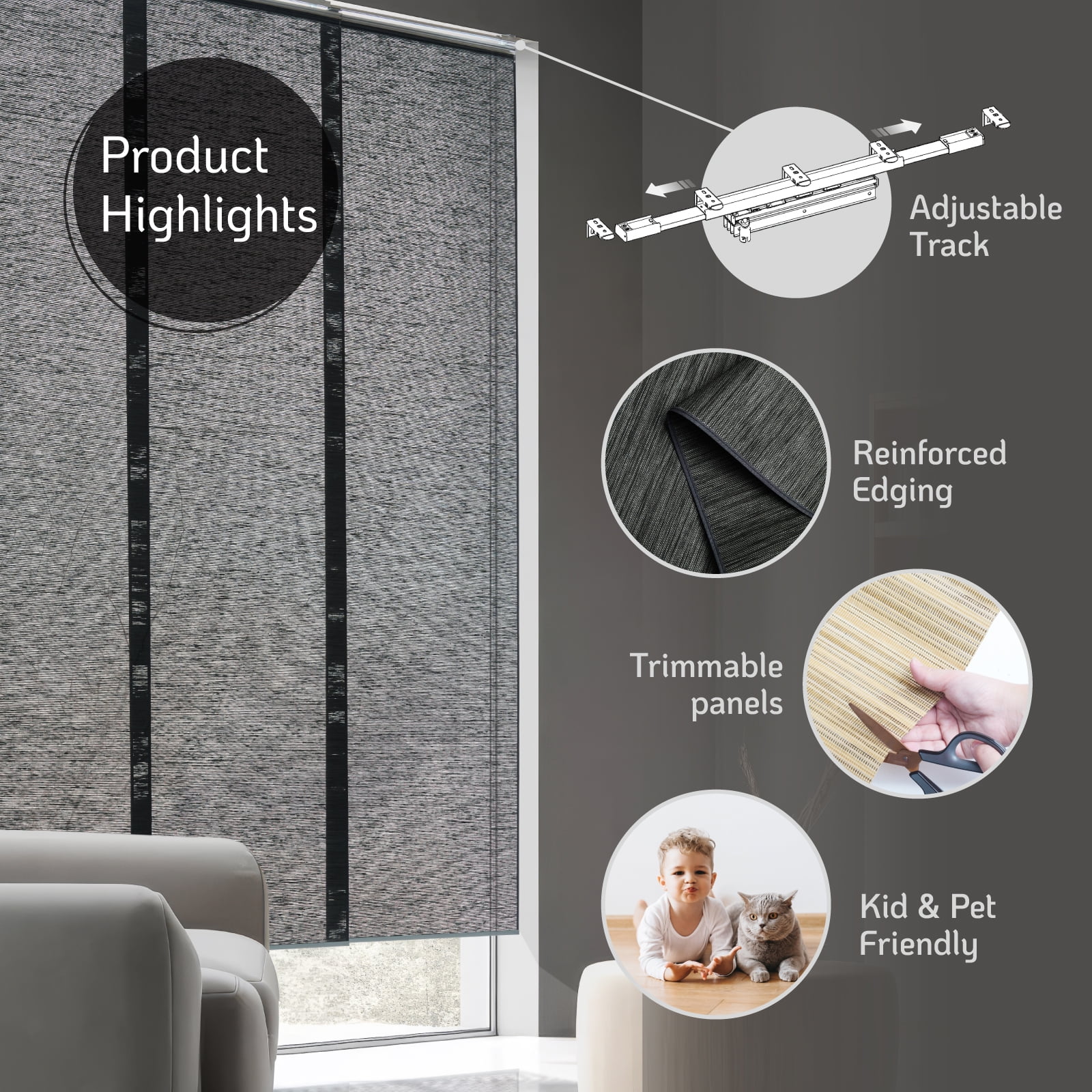 Piecenat Panel Track Blinds 23 in Cordless Paper for Sliding Door Vertical Window Blinds, Charcoal Black, 85.5 in x 96 in