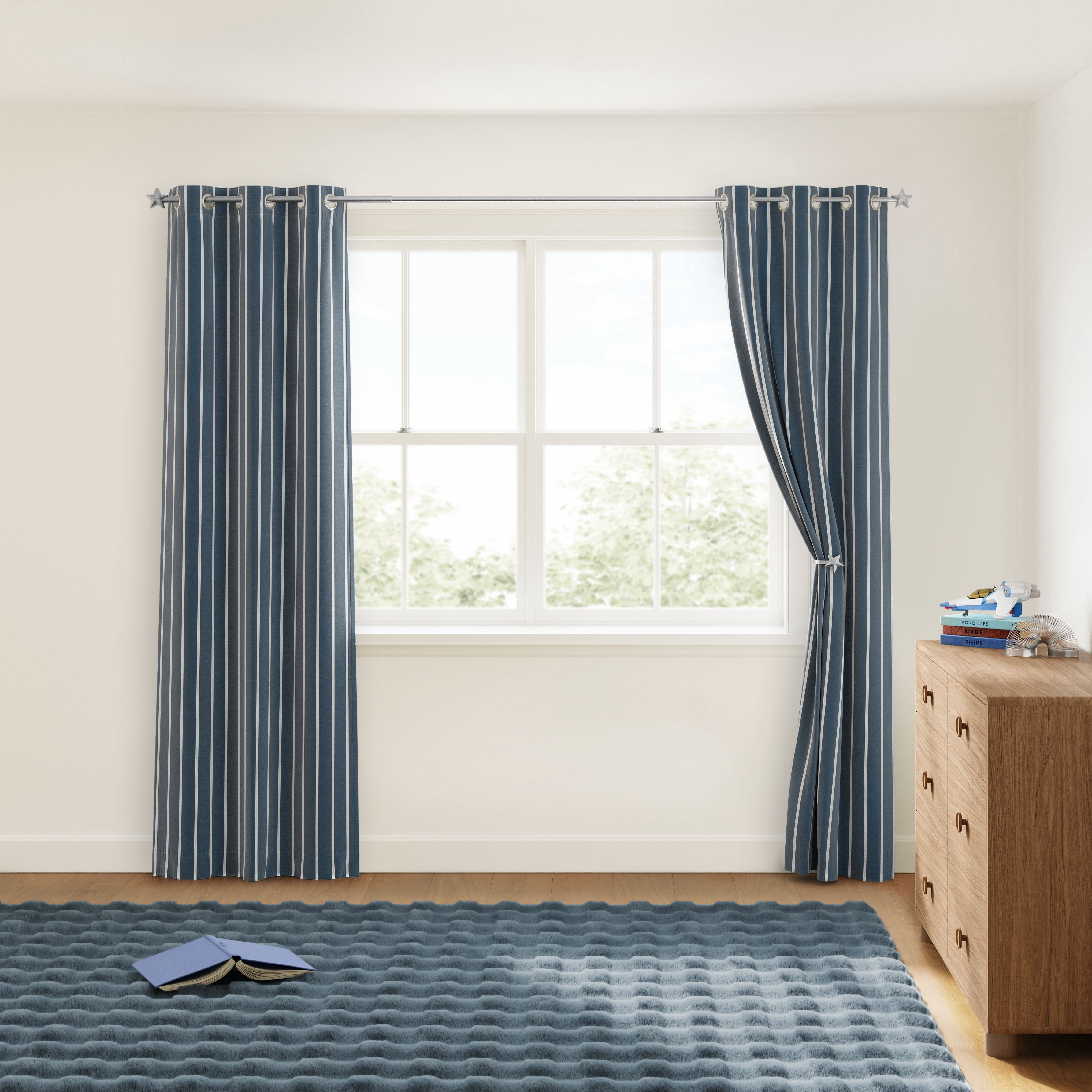Mainstays Kids Blue and White Stripe Light-Filtering Grommet Single Curtain Panel, 38 in W x 84 in L