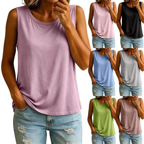 Built In Bra Tank Tops for Women Padded Sleeveless Tank Tops Loose Comfy Summer Tops Trendy Cami Tank Tops Light Purple XL