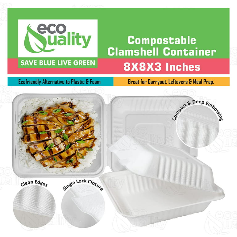 Vallo 100% Compostable Clamshell to Go Boxes for Food 8x8 1-Compartment 50-Pack Disposable Take Out Containers, Made of Biodegradable Sugar Cane, EC
