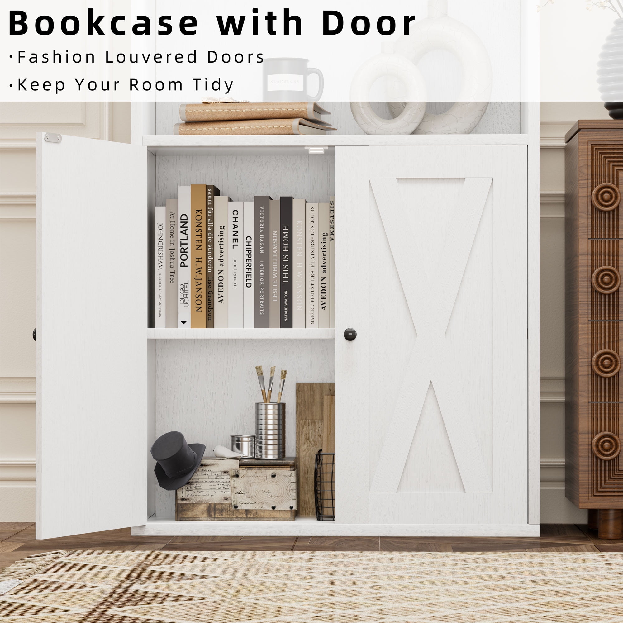 Walsunny Bookcase with Doors, 6-Tier Bookshelf with Storage, Farmhouse Bookshelves with Cabinet, Storage Display Shelf for Living Room Home Office, White