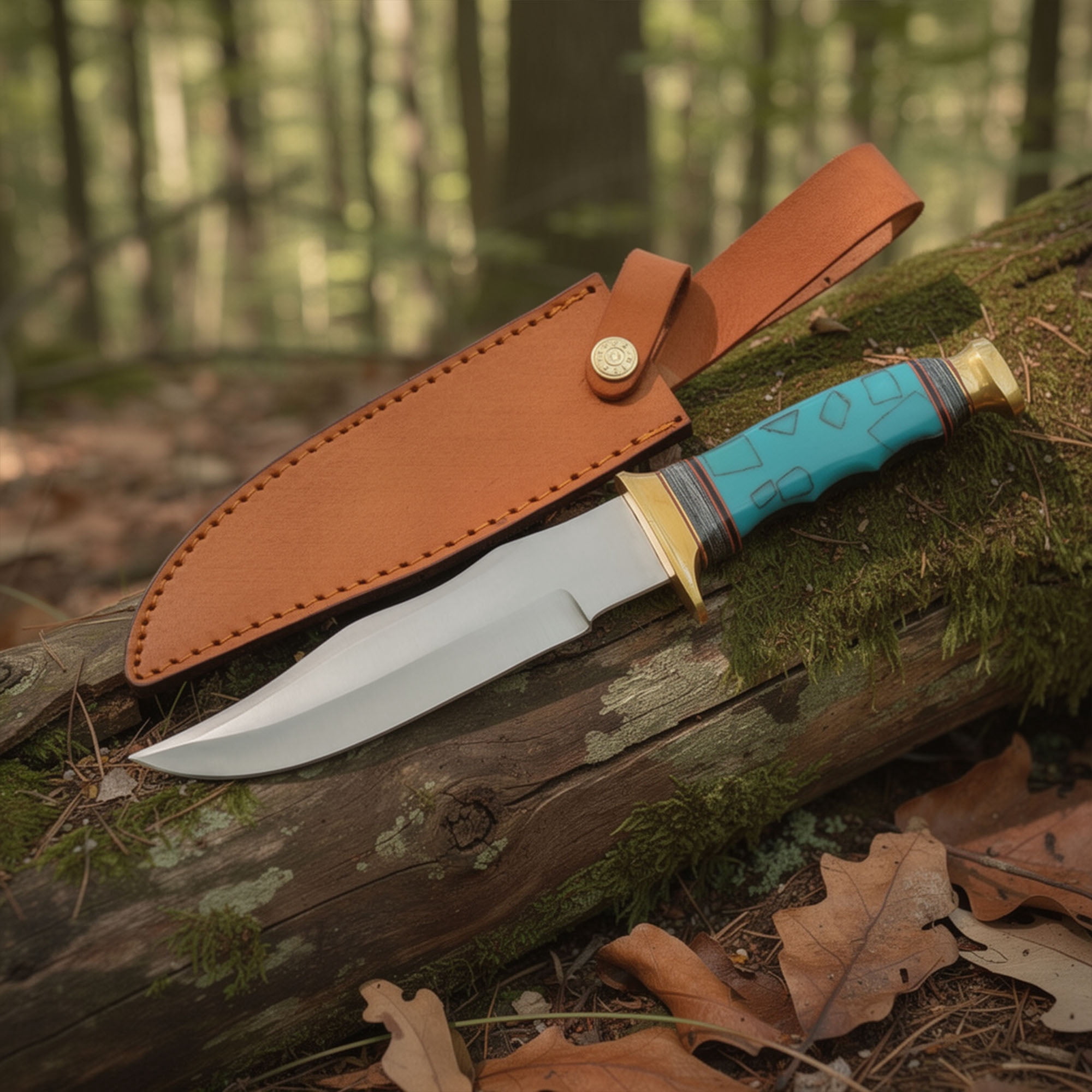 SZCO 12.25 Inch Turquoise Bowie Knife Fixed Blade Stainless Steel Blade Pakkawood Handle Brass Guard Outdoor Hunting Knife with Sheath