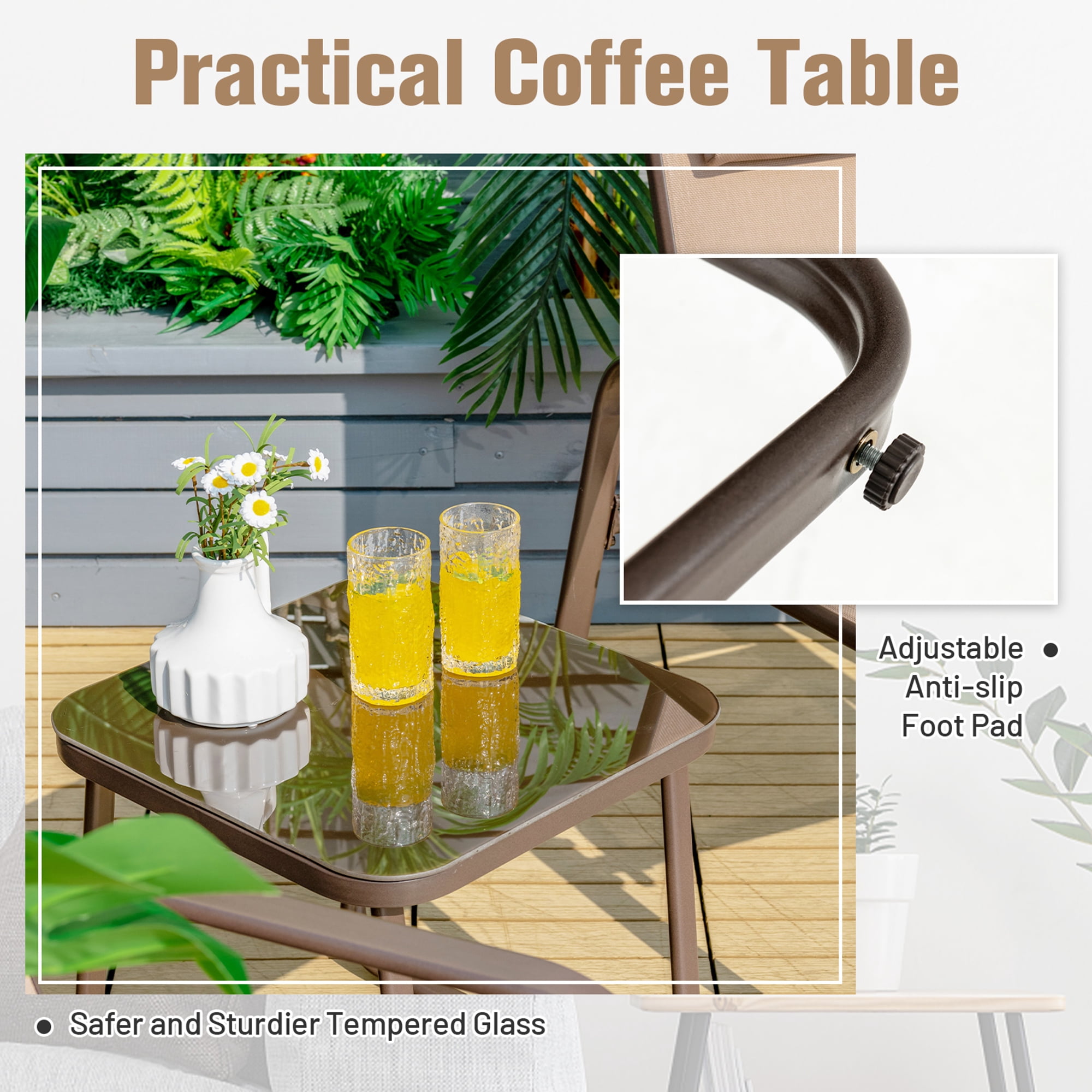 Gymax Brown 3PCS Outdoor Bistro Set Patio Conversation Set w/ Adjustable Backrest