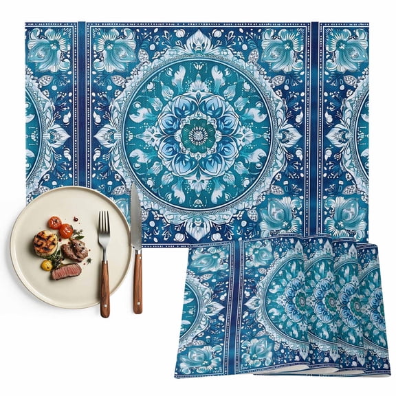 Boho Retro Placemats Set of 12, Ethnic Tribal Floral Pattern Table Mats Washable Heat-Resistant Non-Slip Place Mats for Kitchen Dinner Table Indoor Outdoor Decor,13x19 Inch Turquoise Teal
