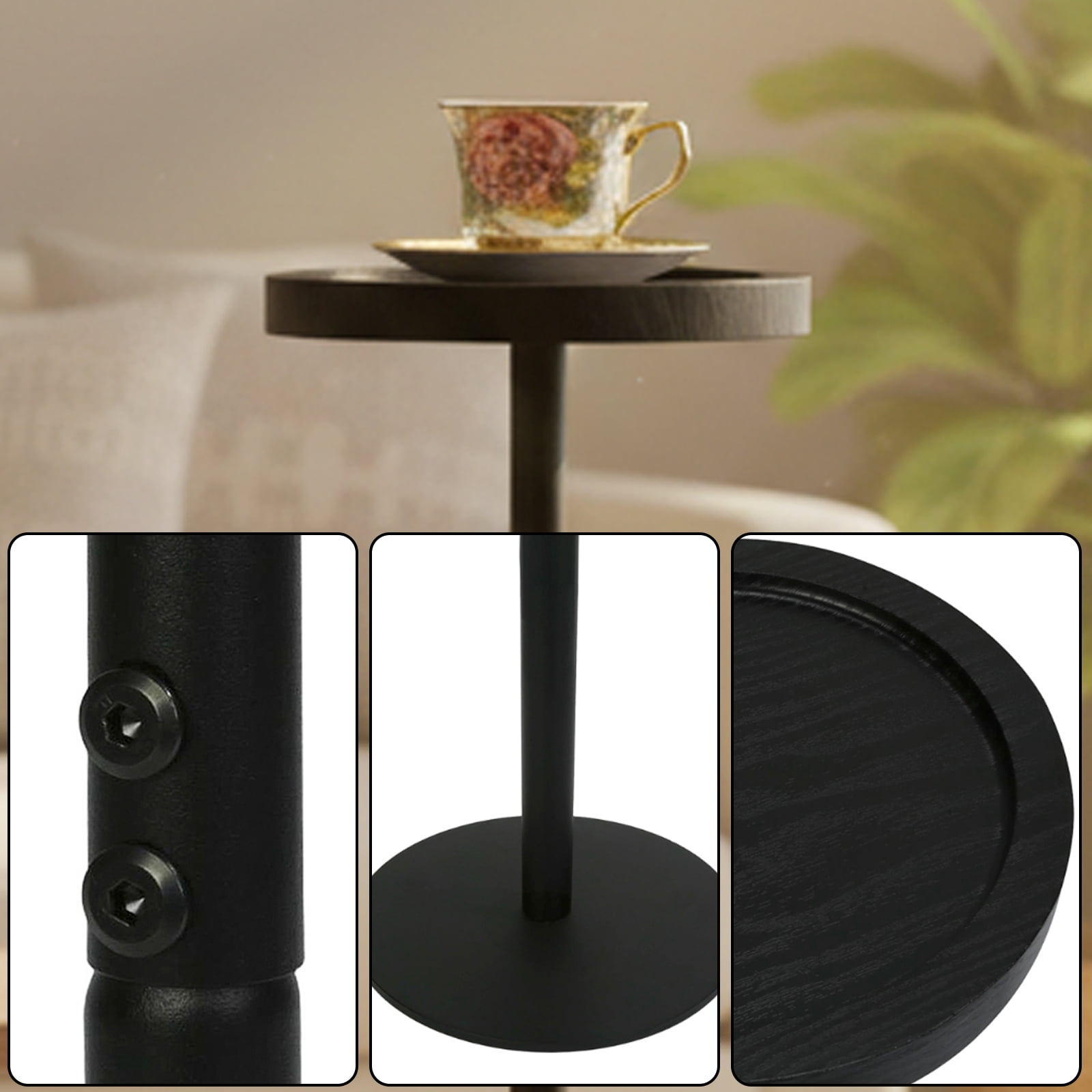 ManyFun Drink Table, Small Pedestal Side Table, Round Cocktail Table, Circle End Table with Metal Base, for Small Spaces, Walnut Brown & Black