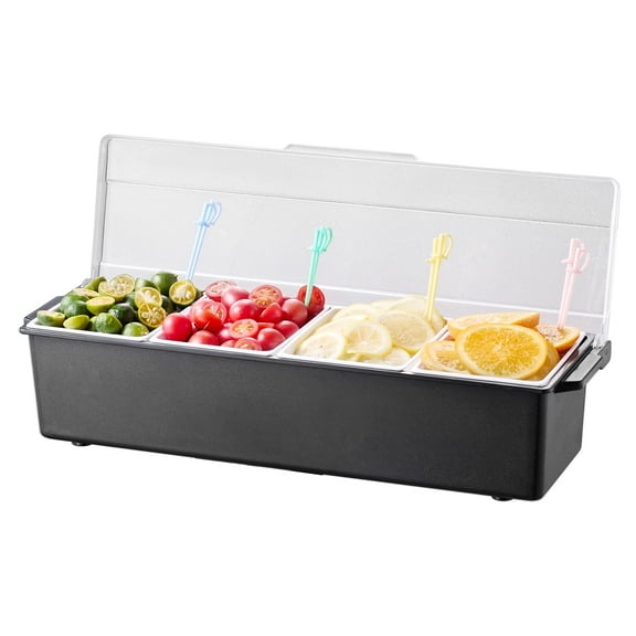 KFFKFF Cool Condiment Holder, Quad-Section Ice-Preserved Condiment Storage Unit, Cool Garnish Tray Bar Organizer with Cover, Ideal for Bartending, Taco, Fruit Serving, Household & Eatery Essentials