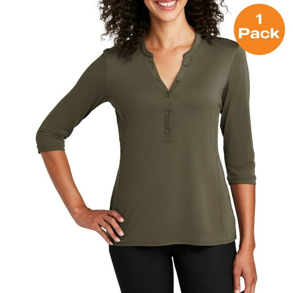 Port Authority LK750 Ladies UV Choice Pique Henley, Deep Olive, 4XL, Womens Clothing, Womens Tops