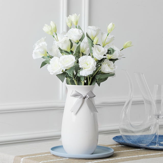 Seyotauo White Artificial Flowers Silk Fake Flower Eustoma Lisianthus Flowers with Long Faux Flowers Arrangement Branch for DIY Wedding Party Centerpiece Bouquet Table Home Decor