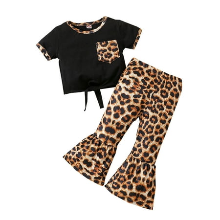 

Toddler Girls Summer Short Sleeve Tops Leopard Flares Pants Trousers 2 Piece Suit Outfits