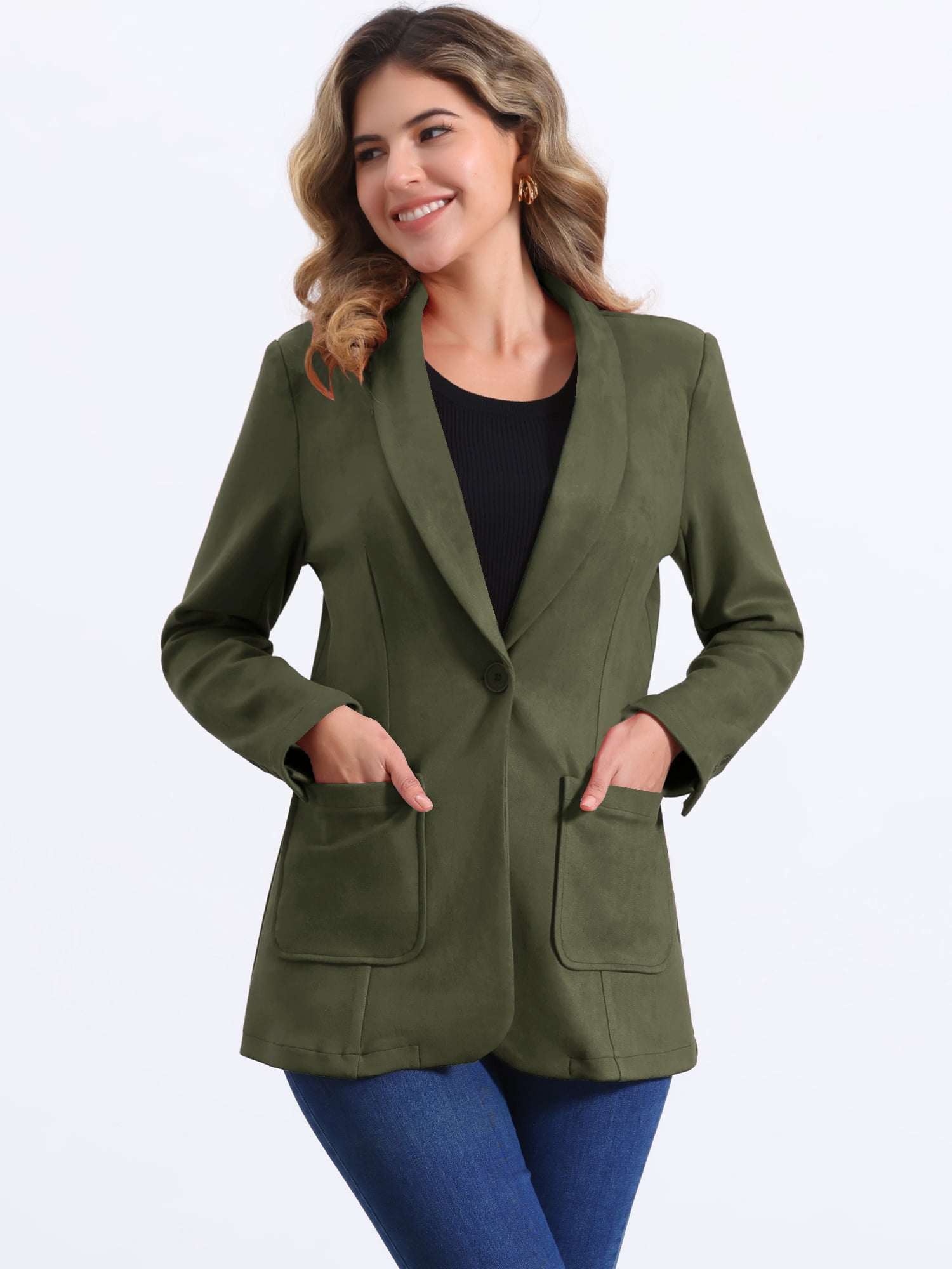 DARING DIVA Women's Faux Suede Lapel Collar One Button Dressy Suit Jacket L Army Green