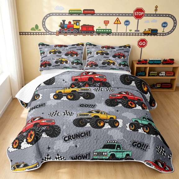 Erosebridal Monster Truck Twin Quilt Set, Checkered Flag Twin Coverlet Set, Gray White 2 Pieces 1 Bedspread and 1 Pillowcase