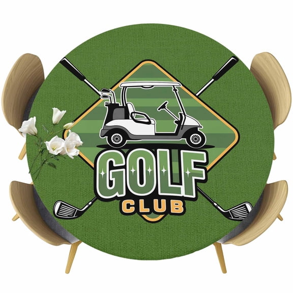 Golf Club Green Round Tablecloth, Fitted Table Cover with Elastic for 45"-54" Round Tables, Abstract Vintage Golf Sports Table Cloth Outdoor Indoor Dinning Party Waterproof Tablecloths